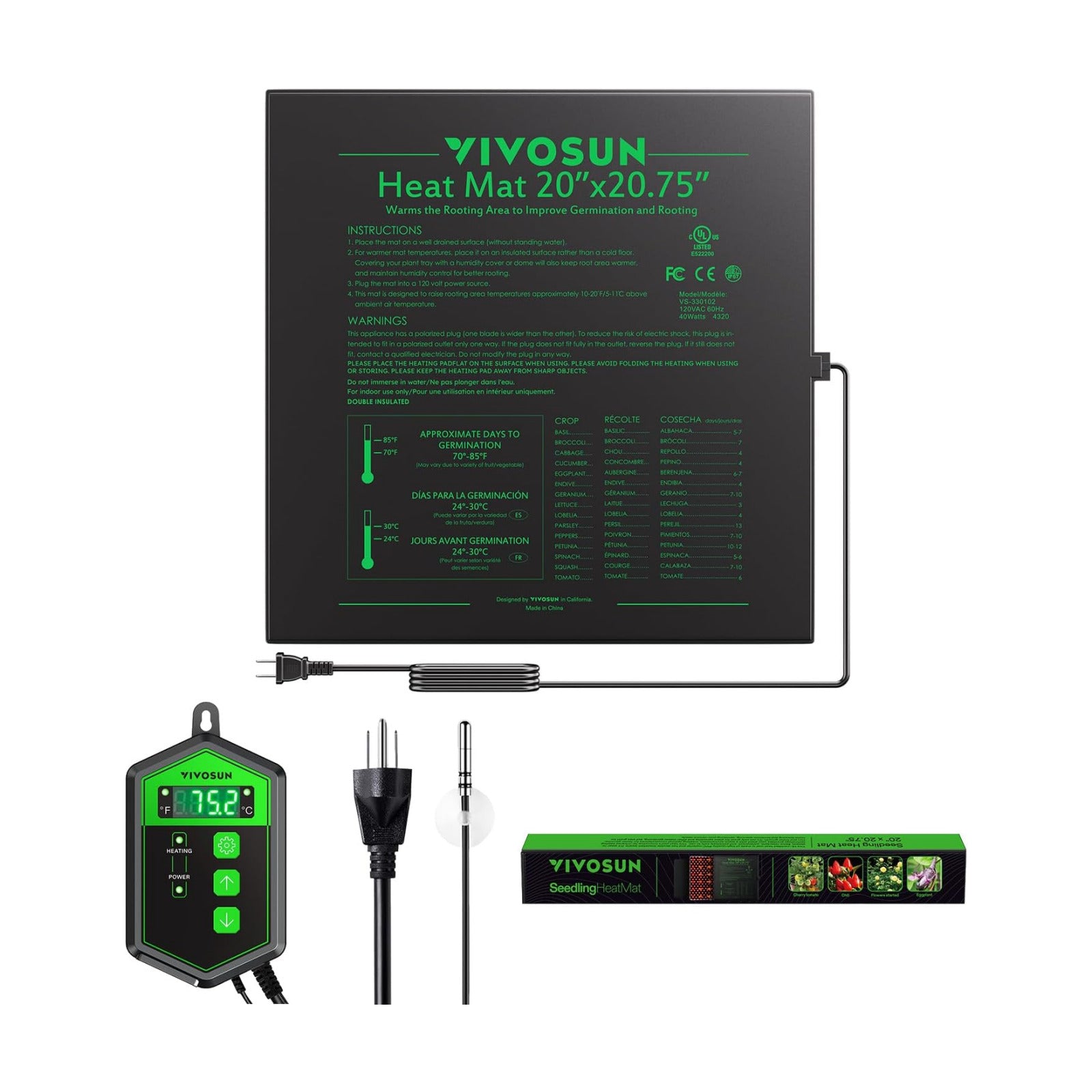 VIVOSUN 20" x 20.75" Seedling Heat Mat and Digital Thermostat Combo Set | UL & MET-Certified Warm Hydroponic Heating