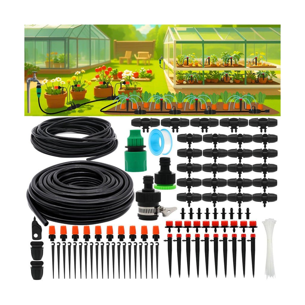 Drip Irrigation System, 100FT Drip Irrigation Kit for Garden - 50FT Main & 50FT Branch Tubing, Adjustable Nozzles for