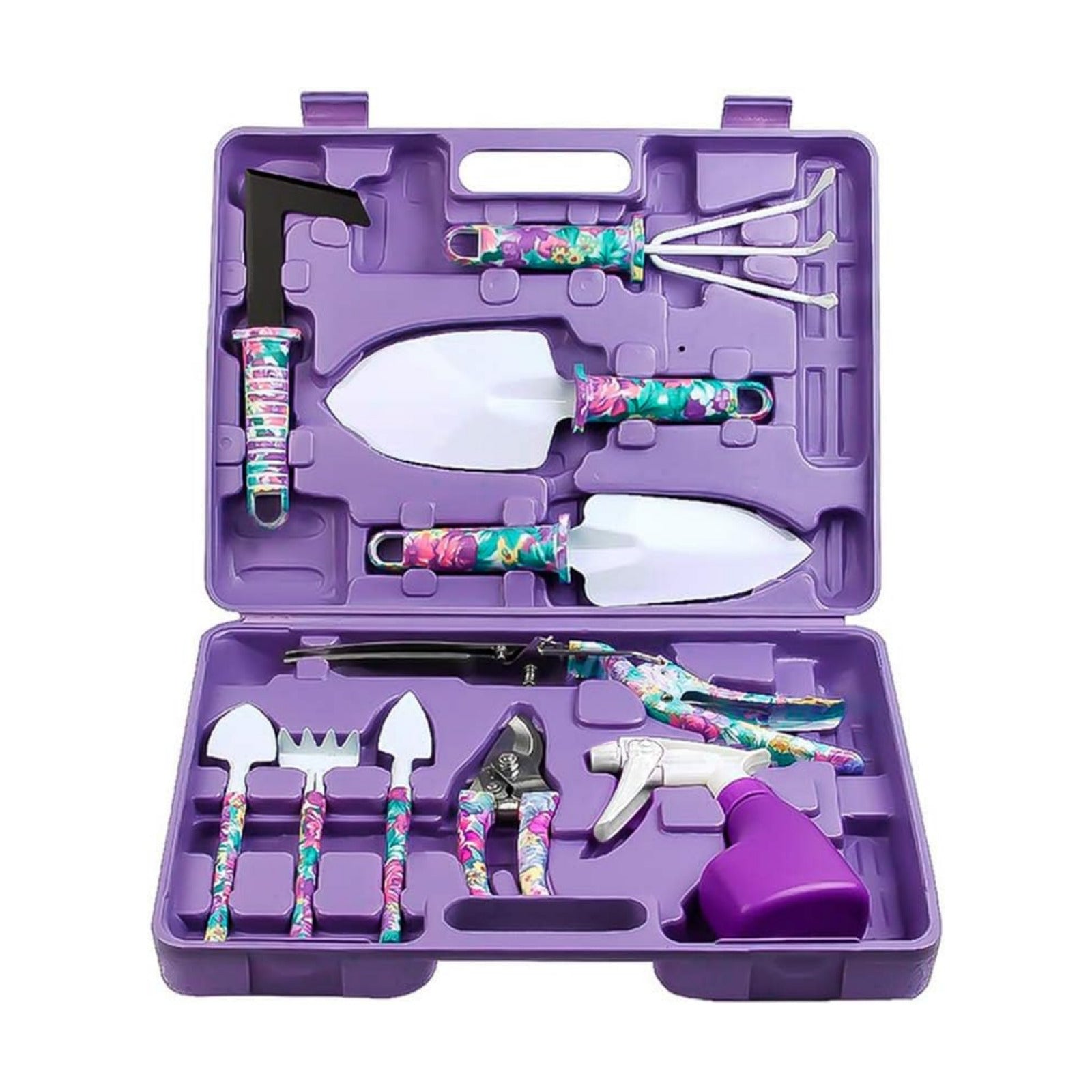 Jhua Garden Tool Set, 10 Pieces Gardening Tools Kit with Purple Flower Print, Ergonomic Handle Trowel Rake Weeder