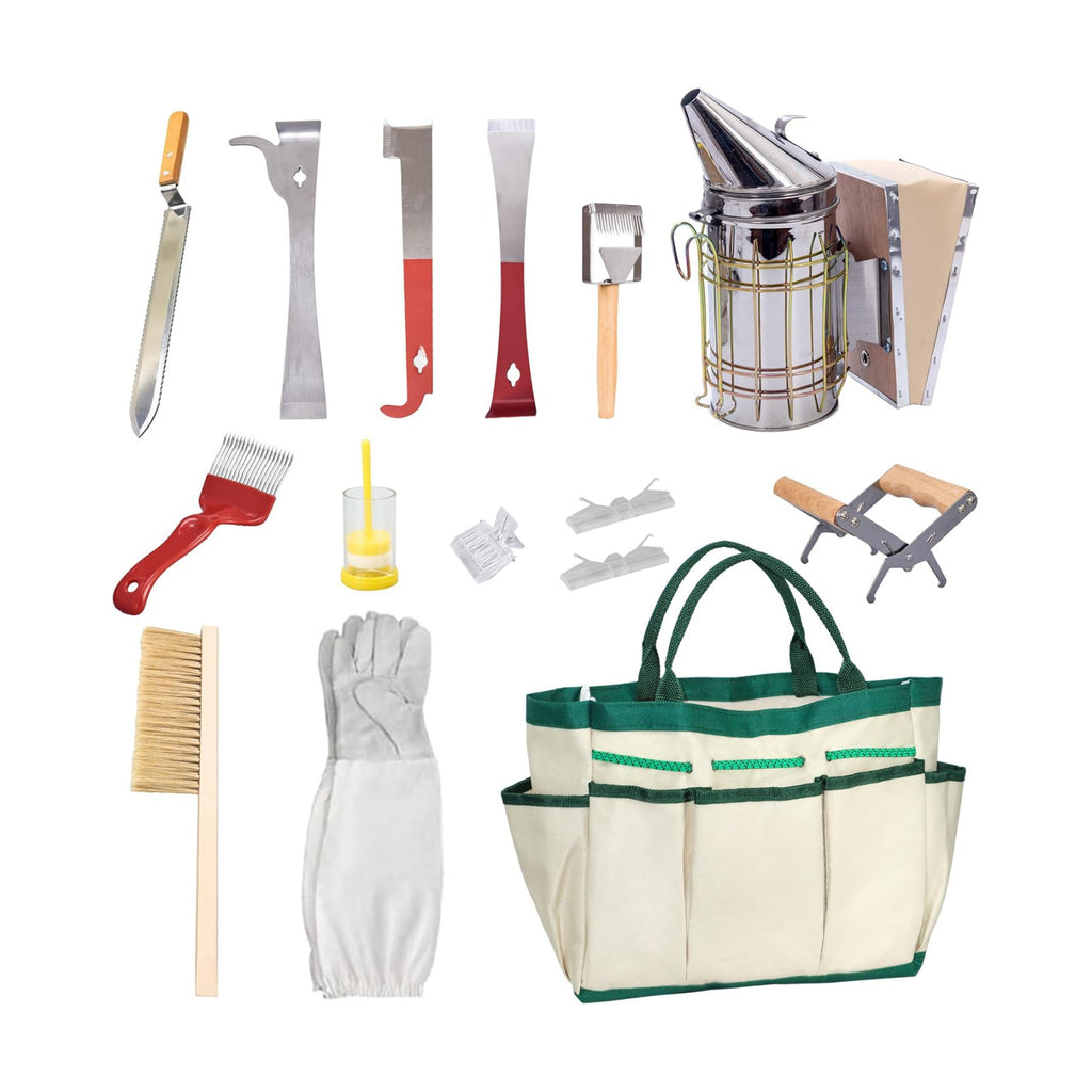 BeeCastle 14 Pcs Beekeeping Tools Starter Kit, Bee Keeping Supplies-All Bee Hive Tools Kit with Organizer Tote and