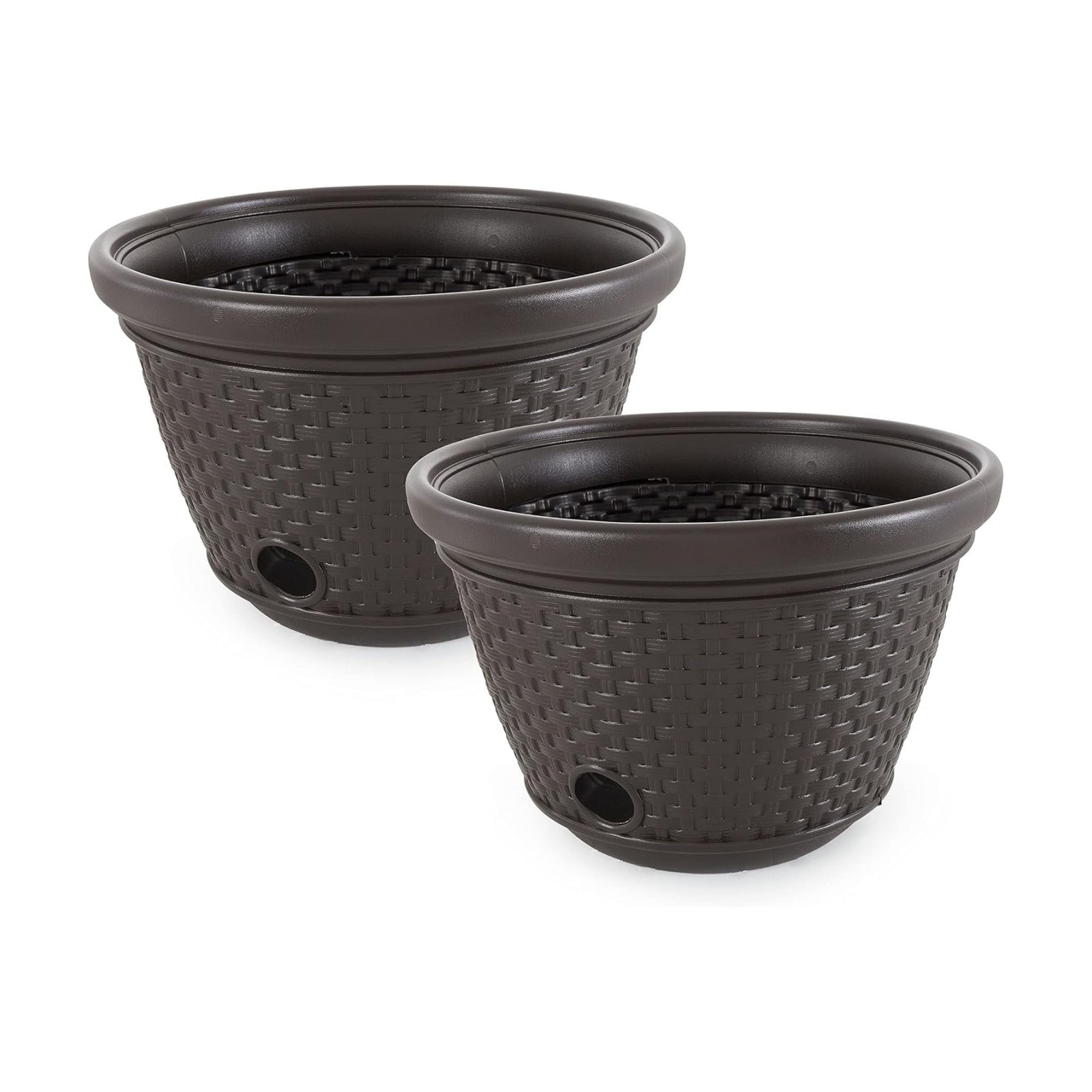 Suncast 2 Pack Decorative Wicker Garden Hose Holder Pot with 4 Drain Holes for 100 Foot Hoses, Java