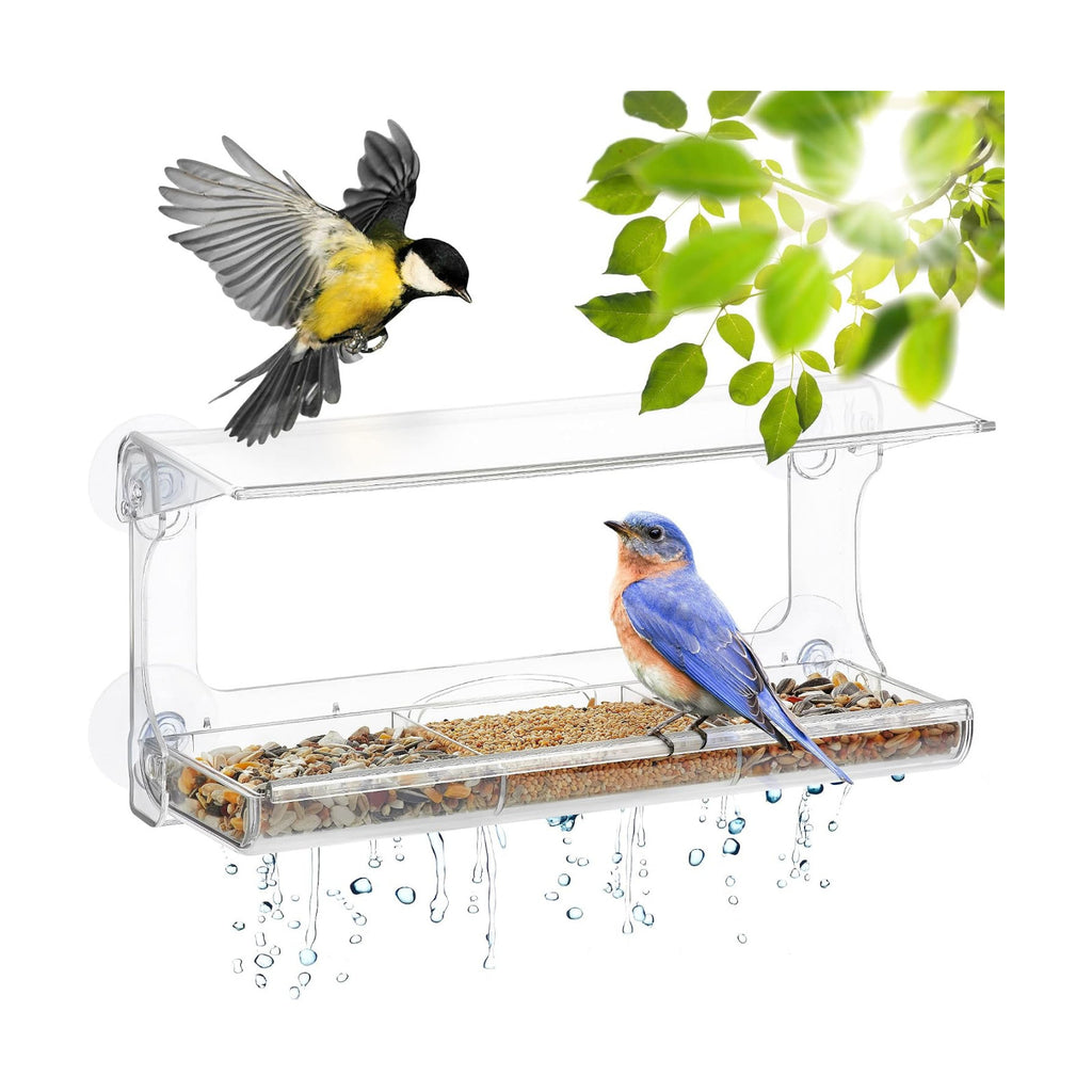 D.F. Omer Window Bird Feeder with 3 Section Tray and Roof Cover, Weatherproof Outdoor Suction Cup Hanger Acrylic Plastic Bird Feeder , Clear