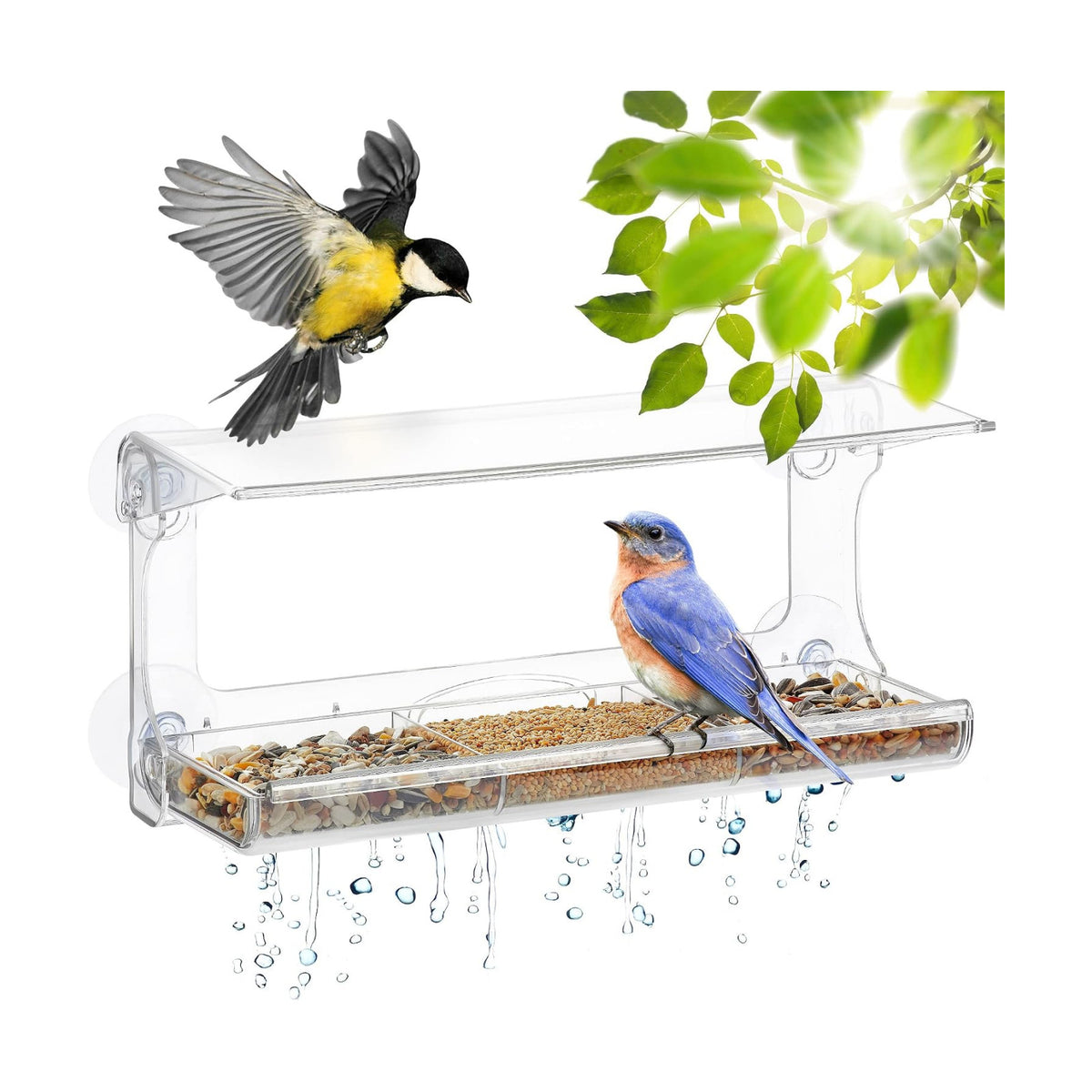 D.F. Omer Window Bird Feeder with 3 Section Tray and Roof Cover, Weatherproof Outdoor Suction Cup Hanger Acrylic Plastic Bird Feeder , Clear