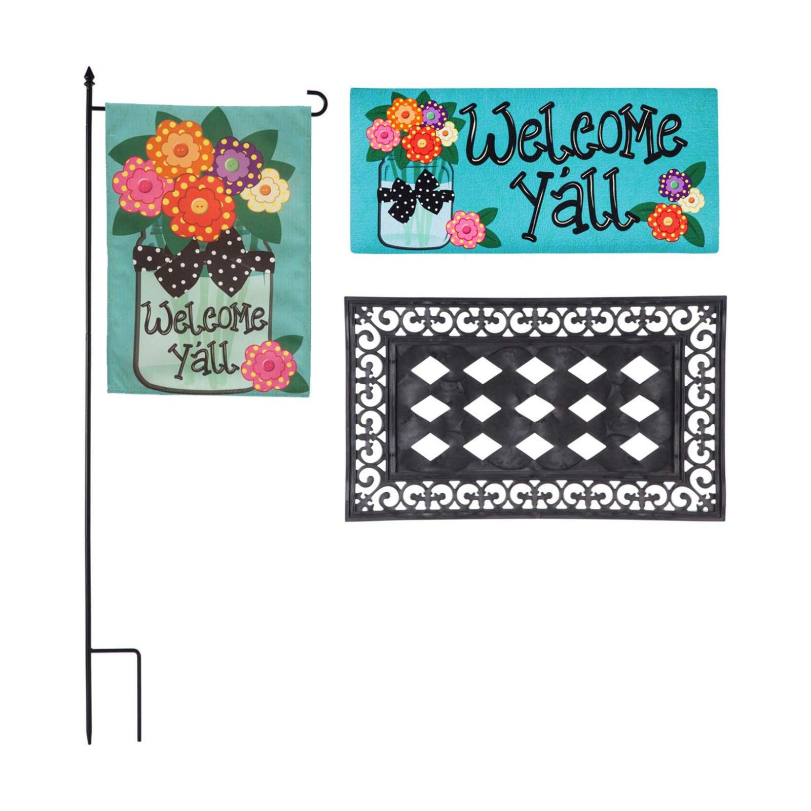 Evergreen Flag Indoor Outdoor Welcome Y'all Bundle Set of 4 - Garden Flag stand and Flag, Sassafras Doormat Frame and