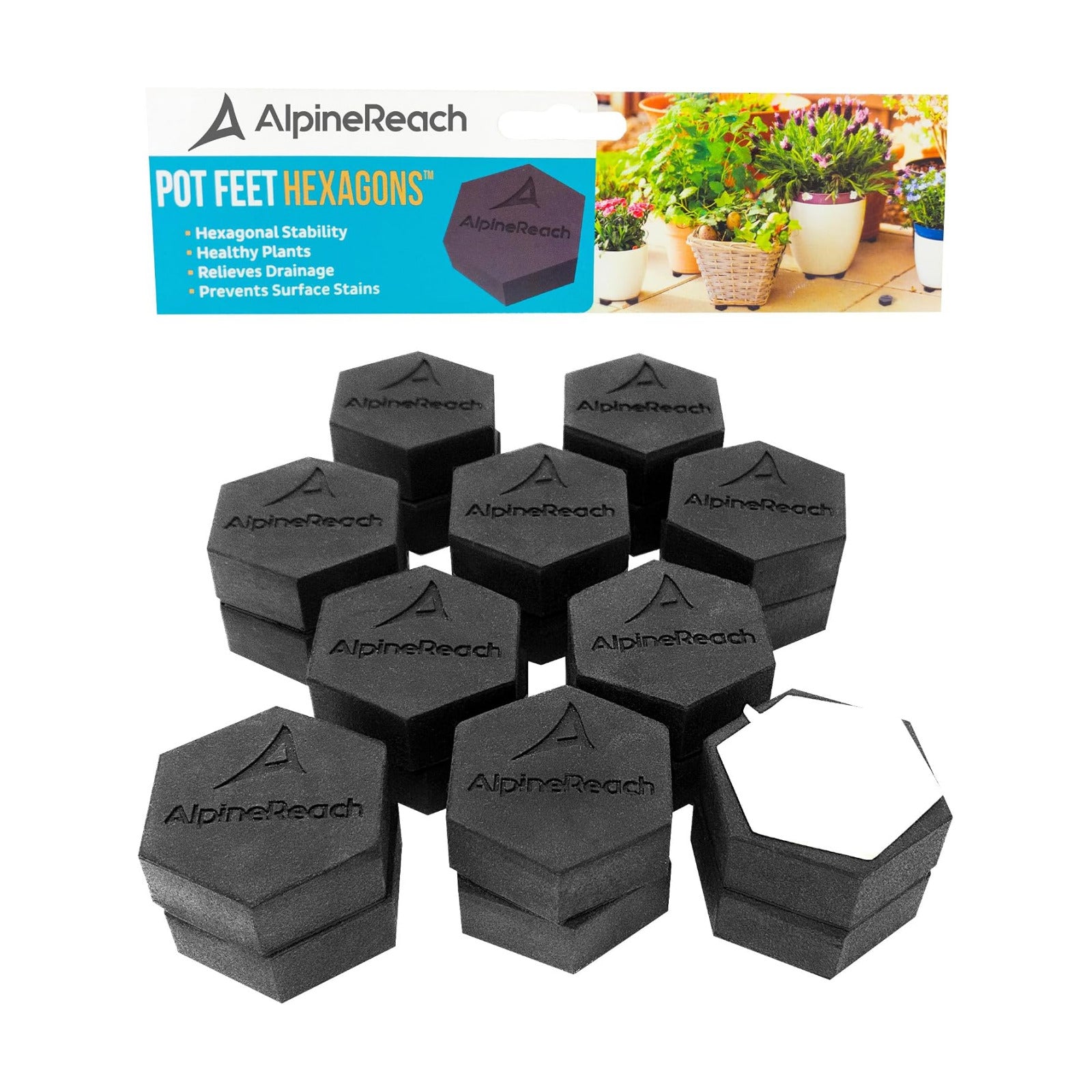 AlpineReach Extra Heavy Duty Pot Feet Risers 20 Pack Hexagons & Adhesive Pads - Protect Healthy Plants - Strong