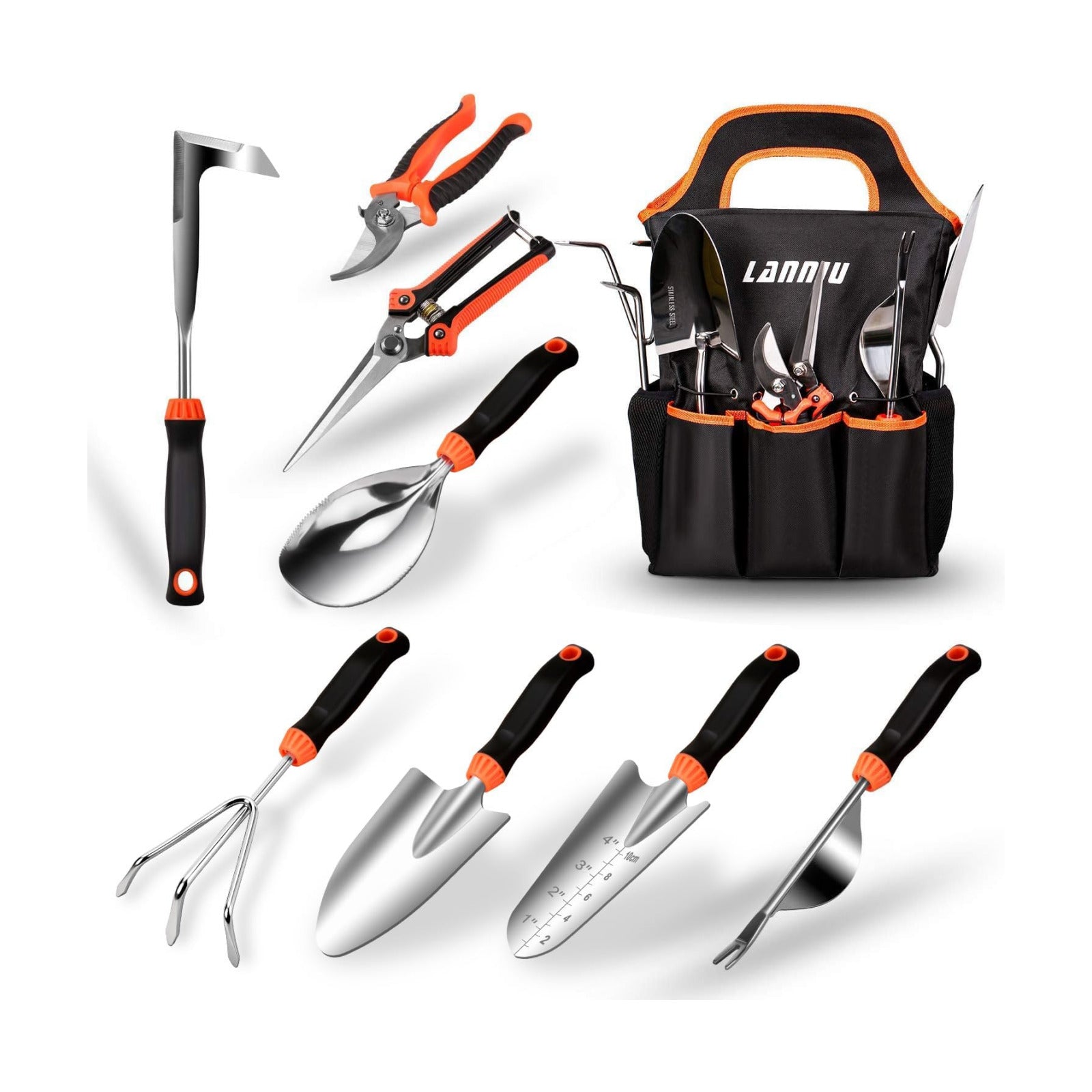 9 Piece Garden Tool Set | Heavy Duty Stainless Steel, Ergonomic Non-Slip Rubber Handles, Pruning Shears, Trowel, 600D