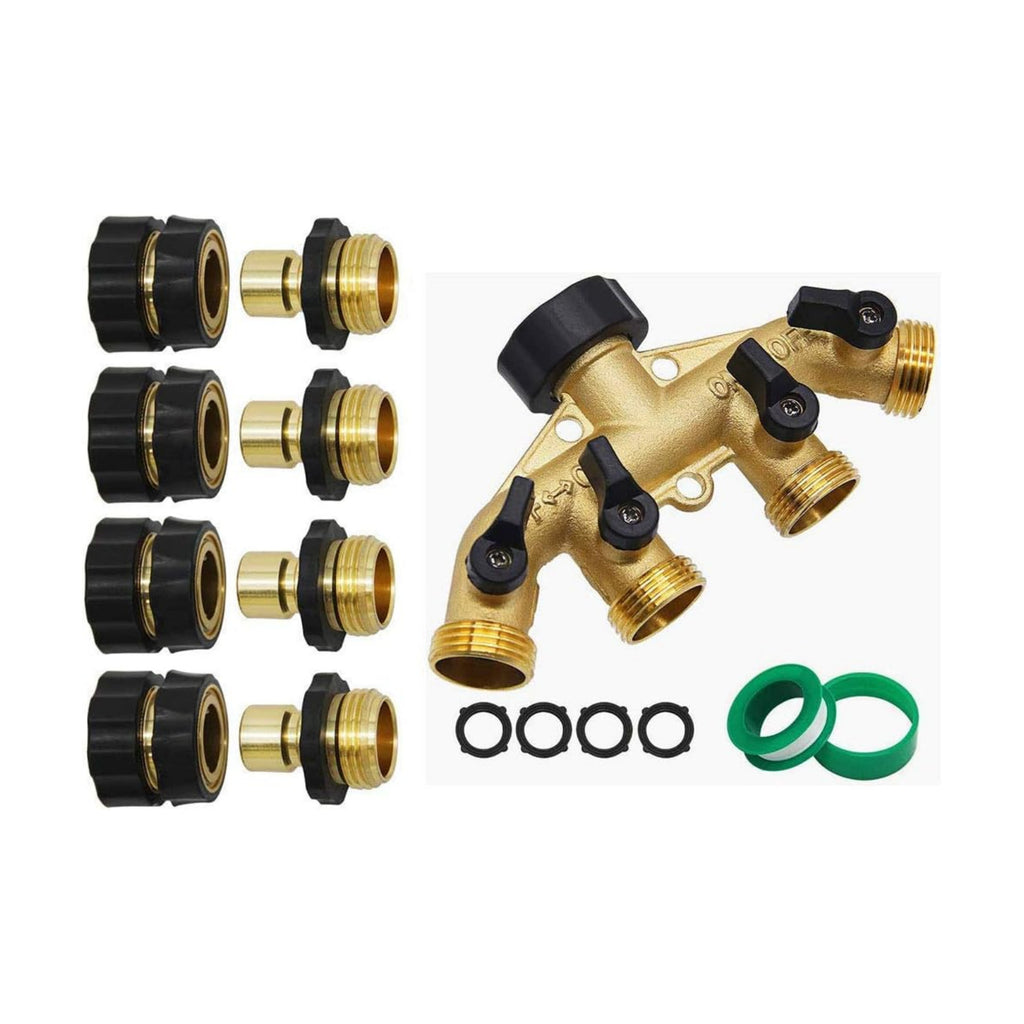 Twinkle Star 3/4 Inch Garden Hose Fitting Quick Connector Set, 4 Set | 4 Way Heavy Duty Brass Garden Hose Splitter