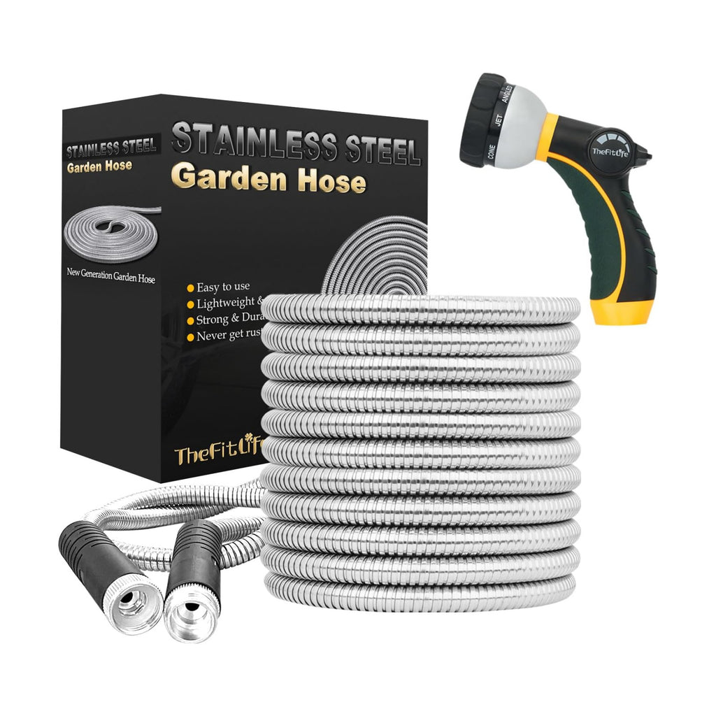 TheFitLife Flexible Metal Garden Hose - Upgrade Leak and Fray Resistant Design, Stainless Steel Water Hose with Solid