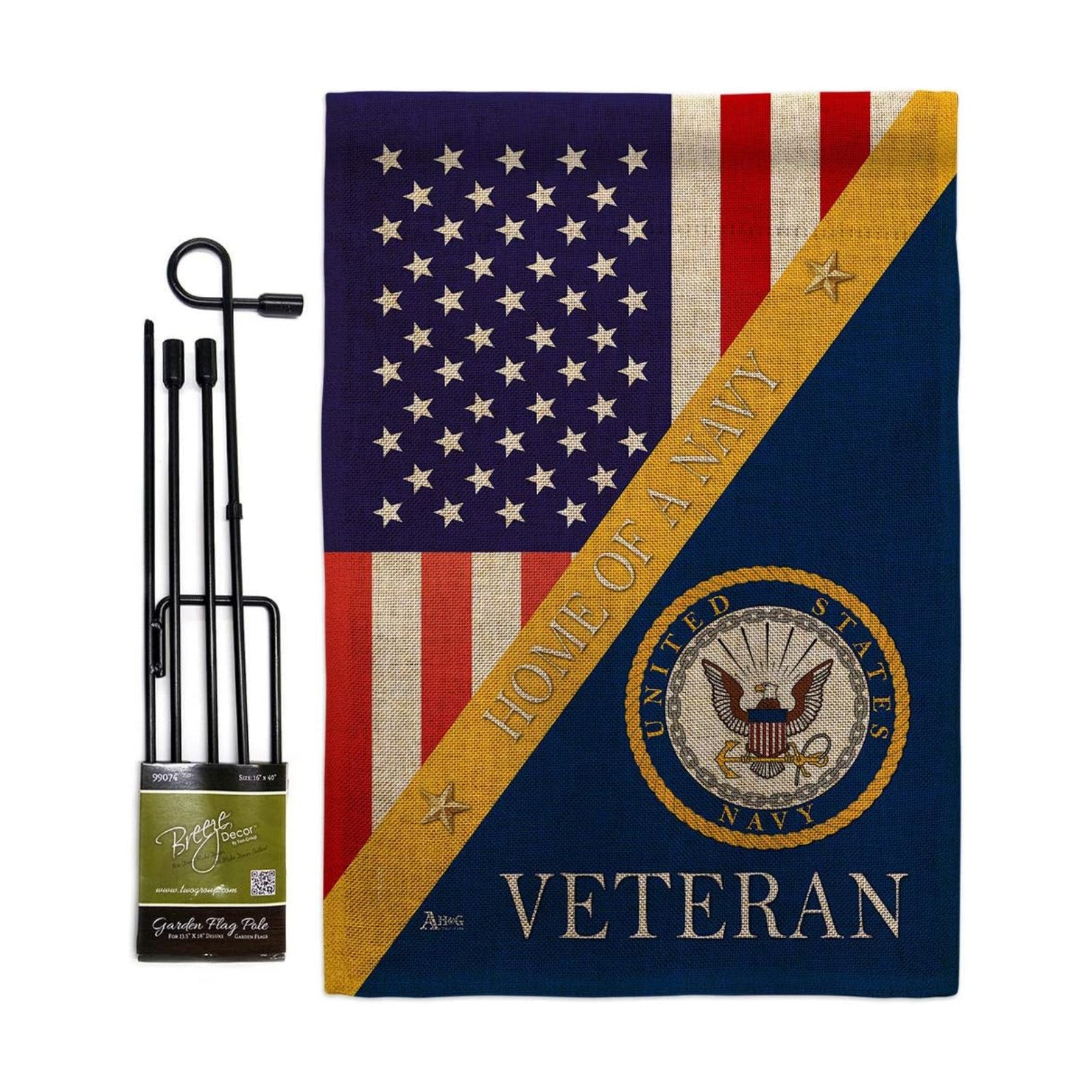 Home of Navy Burlap Garden Flag - Set with Stand Armed Forces USN Seabee United State American Military Veteran Retire