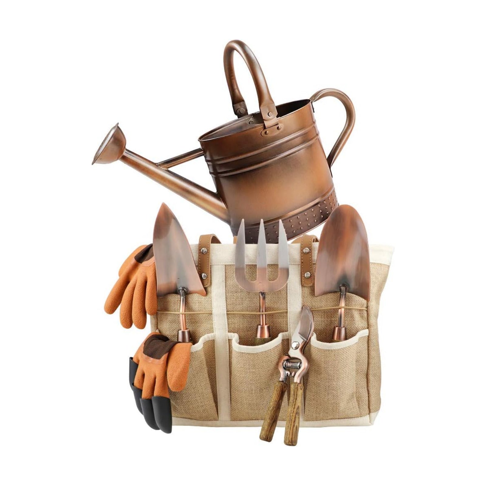 1 Gallon Galvanized Steel Watering Can with 3 Pcs of Garden Tools, 1 Pc of Pruning Shear, 1 Pair of Gardening Gloves，1