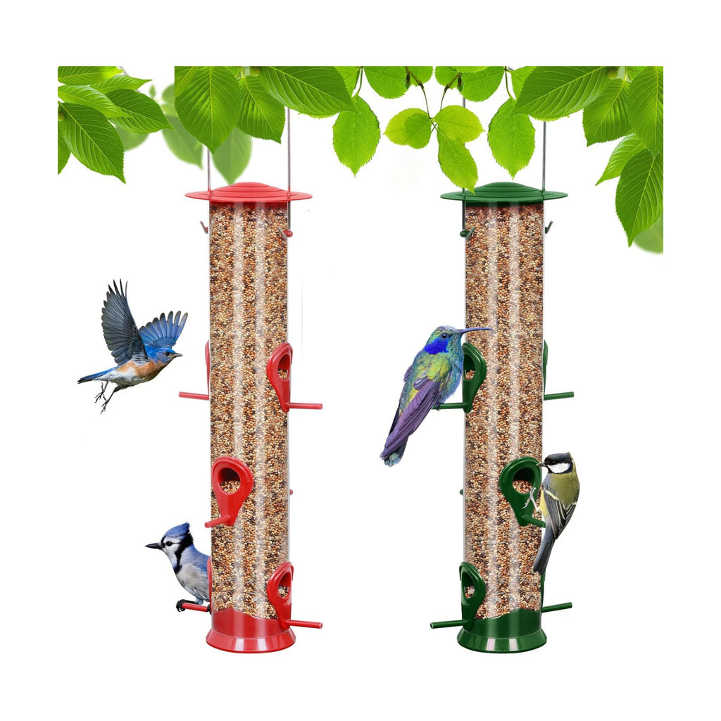 2 Packs Bird Feeder Tube Hanging Feeders, 6 Port Wild Bird Feeders Premium Hard Plastic with Steel Hanger Weatherproof and Water Resistant Great for Attracting Birds 18.2 Inches Large (Red + Green)