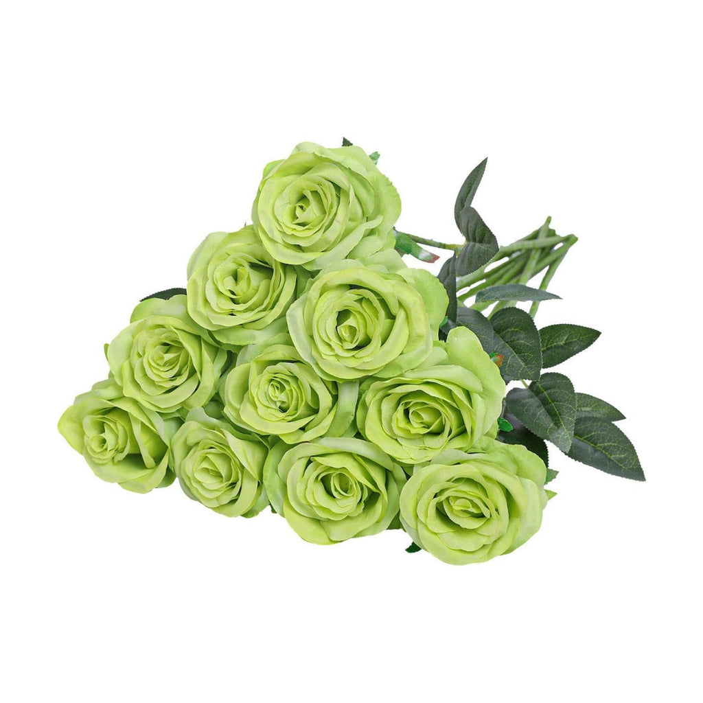 10pcs Light Green Roses Artificial Flowers, Realistic Faux Rose with Stem