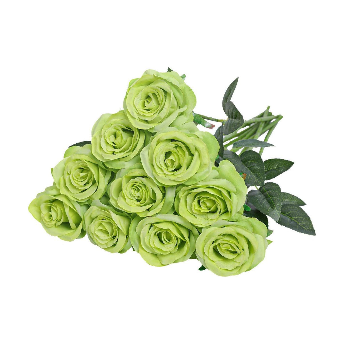 10pcs Light Green Roses Artificial Flowers, Realistic Faux Rose with Stem