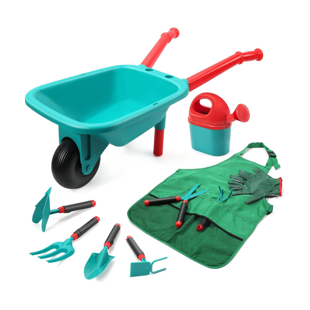 CUTE STONE Kids Gardening Tool Set, Garden Toys with Wheelbarrow, Watering Can, Gardening Gloves, Hand Rake, Shovel