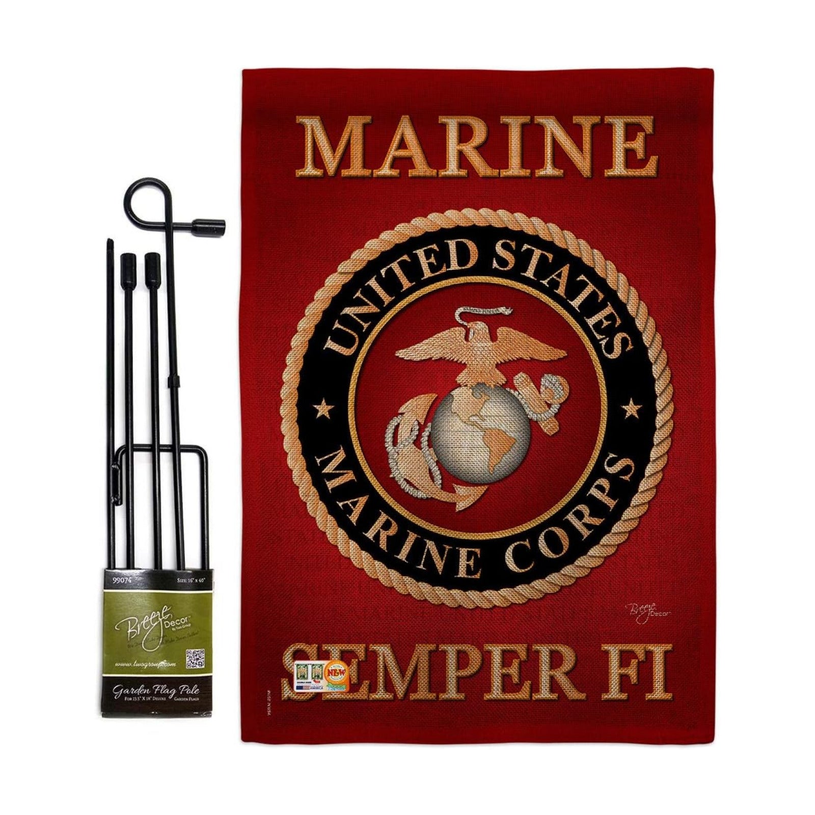 Marine Corps Burlap Garden Flag - Set with Stand Armed Forces USMC Semper Fi United State American Military Veteran