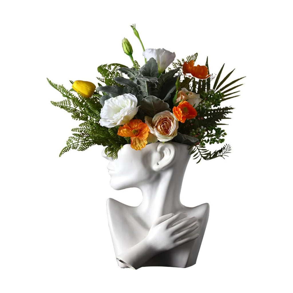 Ceramics Statue Flower Vase Face Pots Bust Head Shaped for Birthday Gifts Home Office Decoration (White)