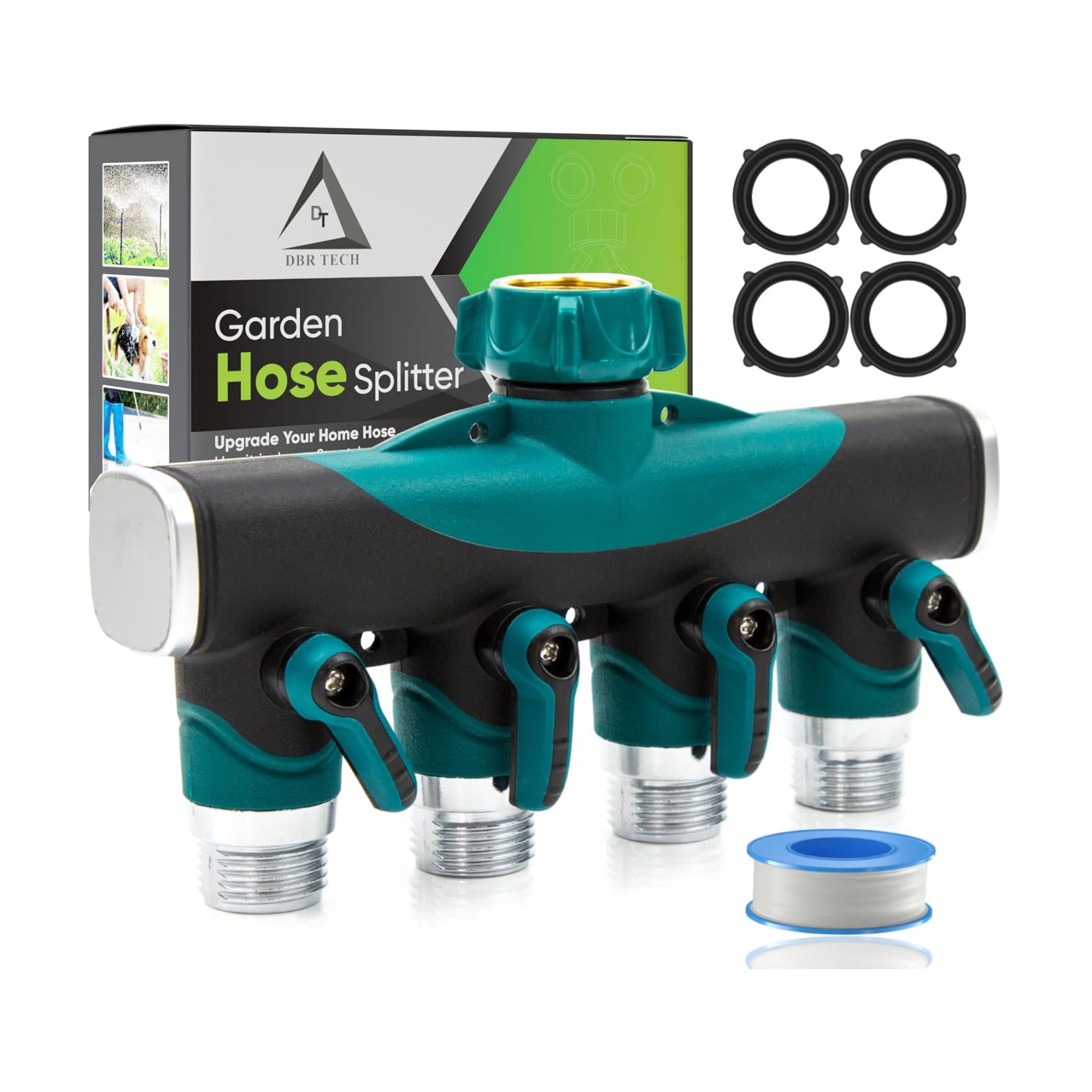 DBR Tech® 4 Way Hose Splitter (Superior Durability), Premium Garden Hoses Connector, 4 Way Heavy Duty Water Valve for