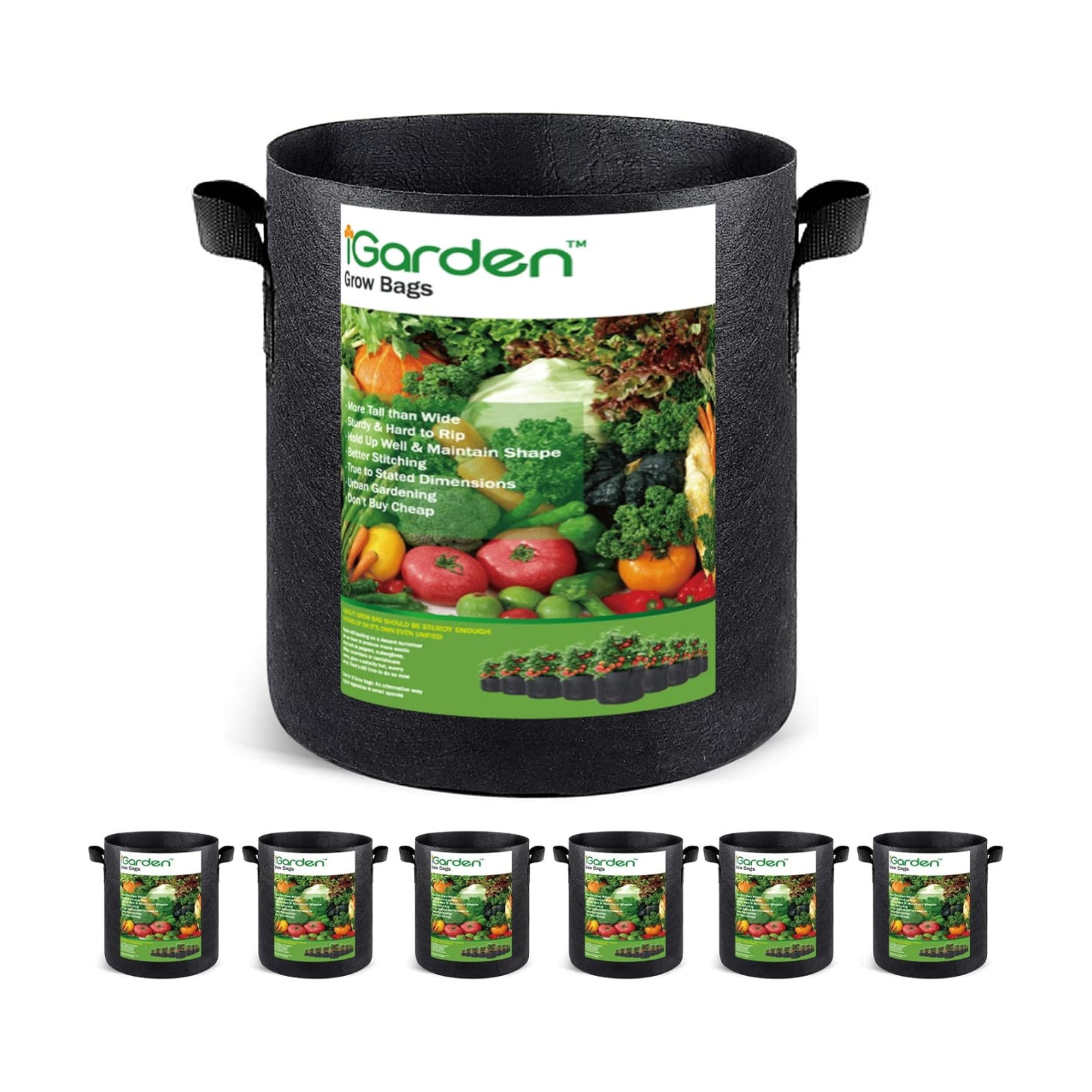 iGarden Grow Bags Tall, 10 Gallon Grow Pots 6 Pack with Handles, Heavy Duty 320G Thickened Nonwoven Fabric Plant Bag
