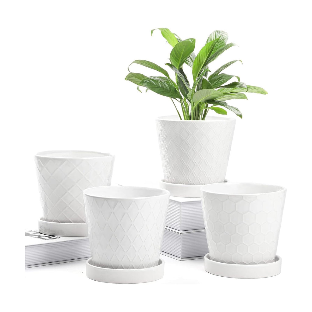 BUYMAX 5in Ceramic Flower Pots Set of 4 Plant Pot with Drainage Hole | 4 Unique Pattern Designs | Fits Most Indoor