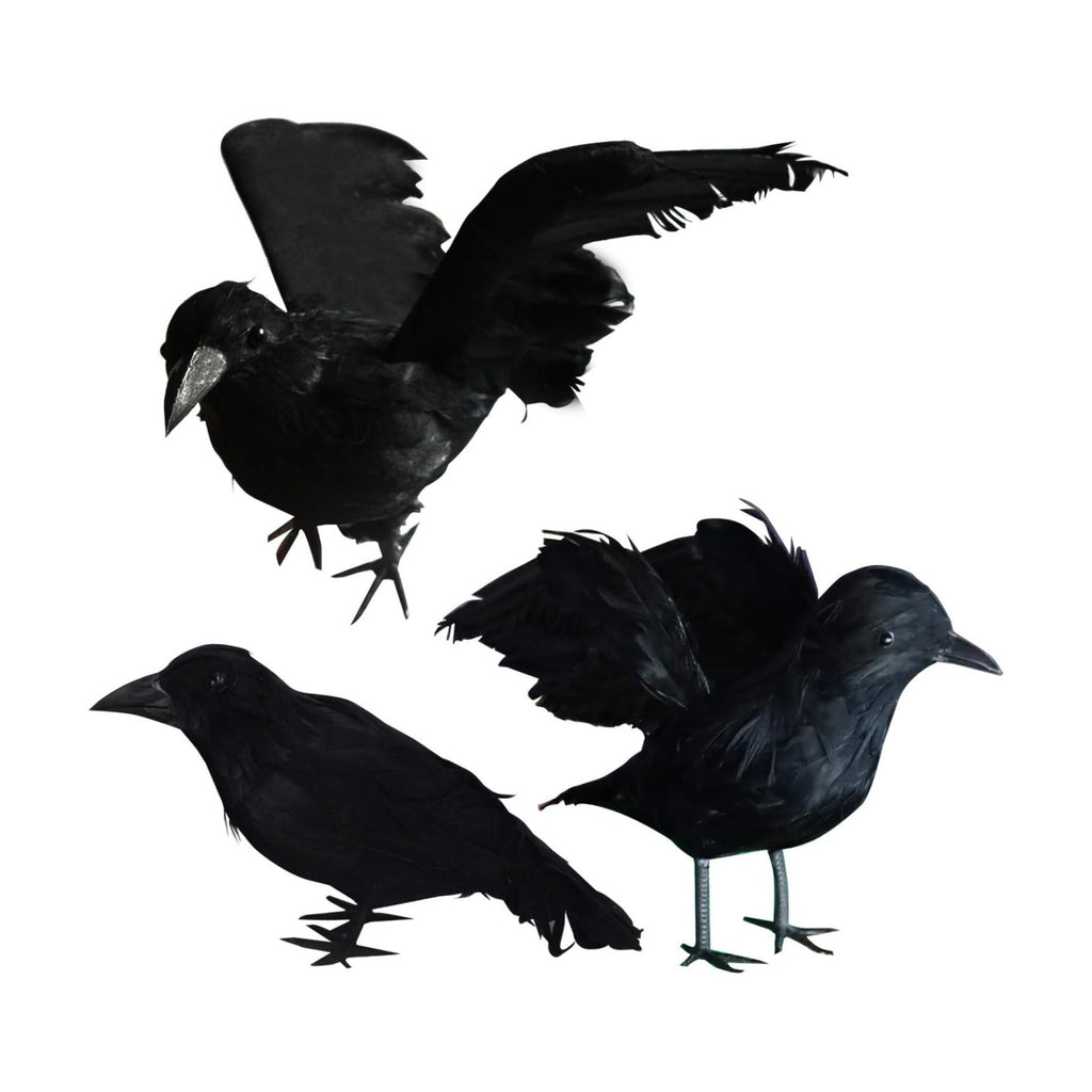 FUNPENY Halloween Black Feathered Crows, 3 Pack Black Crows with Real Feather Halloween Decoration for Indoor Outdoor