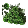10pcs Dark Green Roses Artificial Flowers, Realistic Faux Rose with Stem