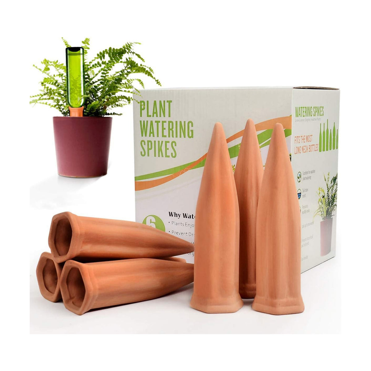 B SEPOR Ceramic Plant Waterer Set of 6 Pack Terracotta Self Watering Spikes,Wine Bottle Plant Watering Devices for Vacation (6Pack)