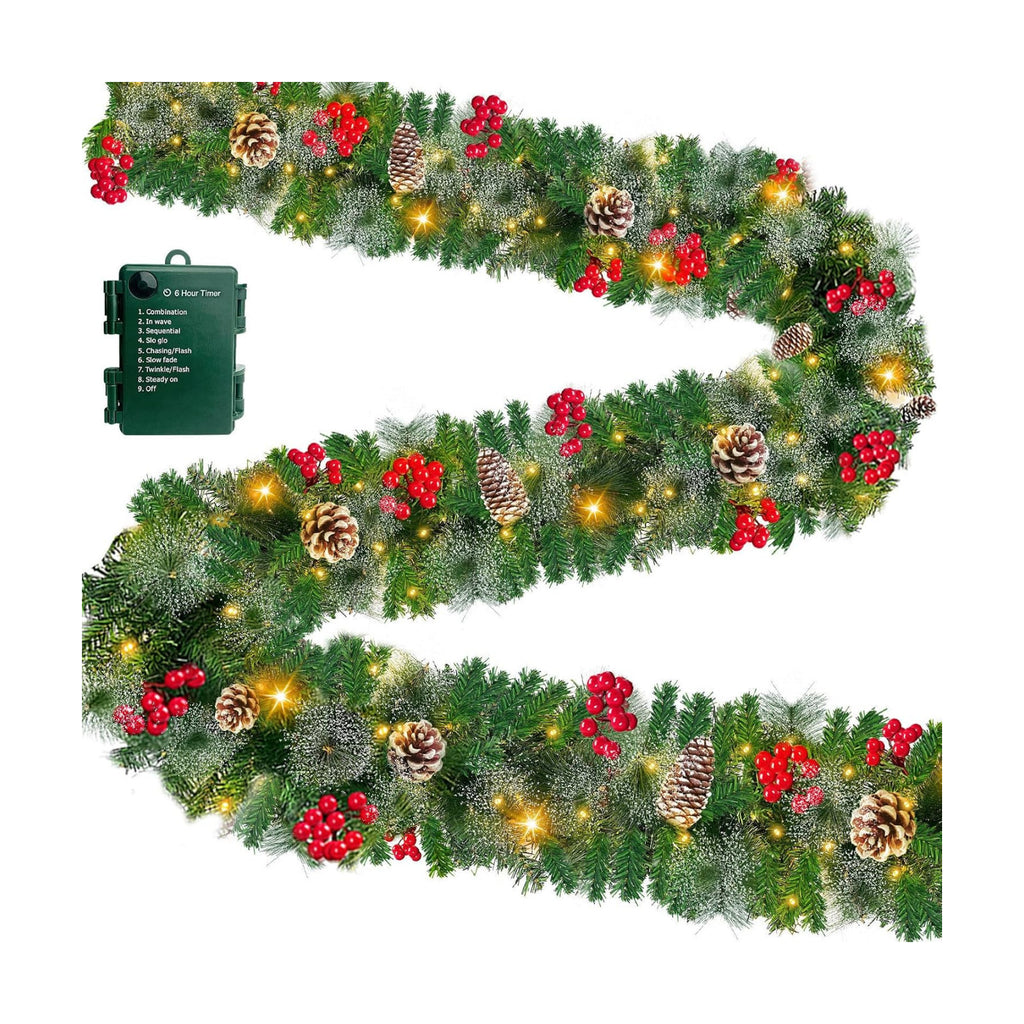 Timer & 8 Modes 9 Ft Prelit Christmas Garland 50 LED Warm White Lights Cedar Valentines Garland Battery Operated 270 Thick Branch Bristle Pine 70 Red Berries 10 Pinecones Mantle Home Decor Outdoor