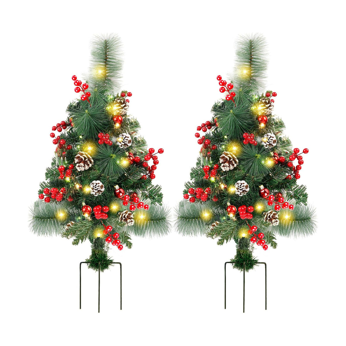 Lulu Home 2 Pack 2 Ft Pre-Lit Pathway Christmas Trees with Stake, Battery Operated 60 LED Lighted Small Christmas Trees Yard Stake Outdoor Decoration with Red Berries, Red Balls, Pine Cones
