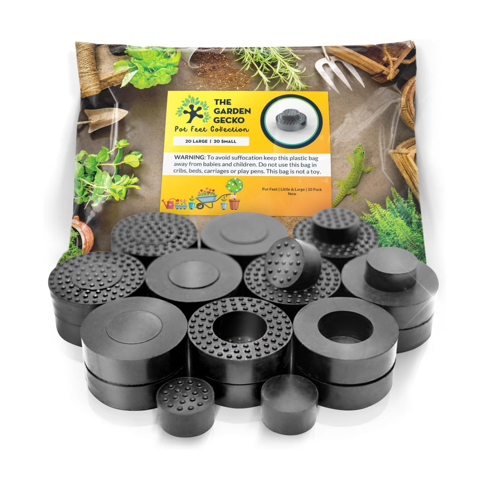Little & Large Plant Pot Feet, Dual Size, 20 Pack | solid rubber outdoor pot feet, dual-size pot risers, patios, decks