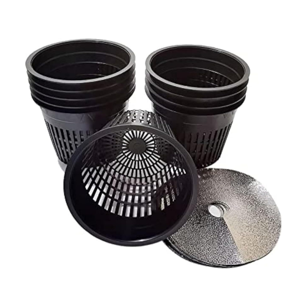 HORTIPOTS 5 Inch Net Pots Raised Center Bottom Mesh Side Wide Rim Round Cup with Free Reflective Top Lids for