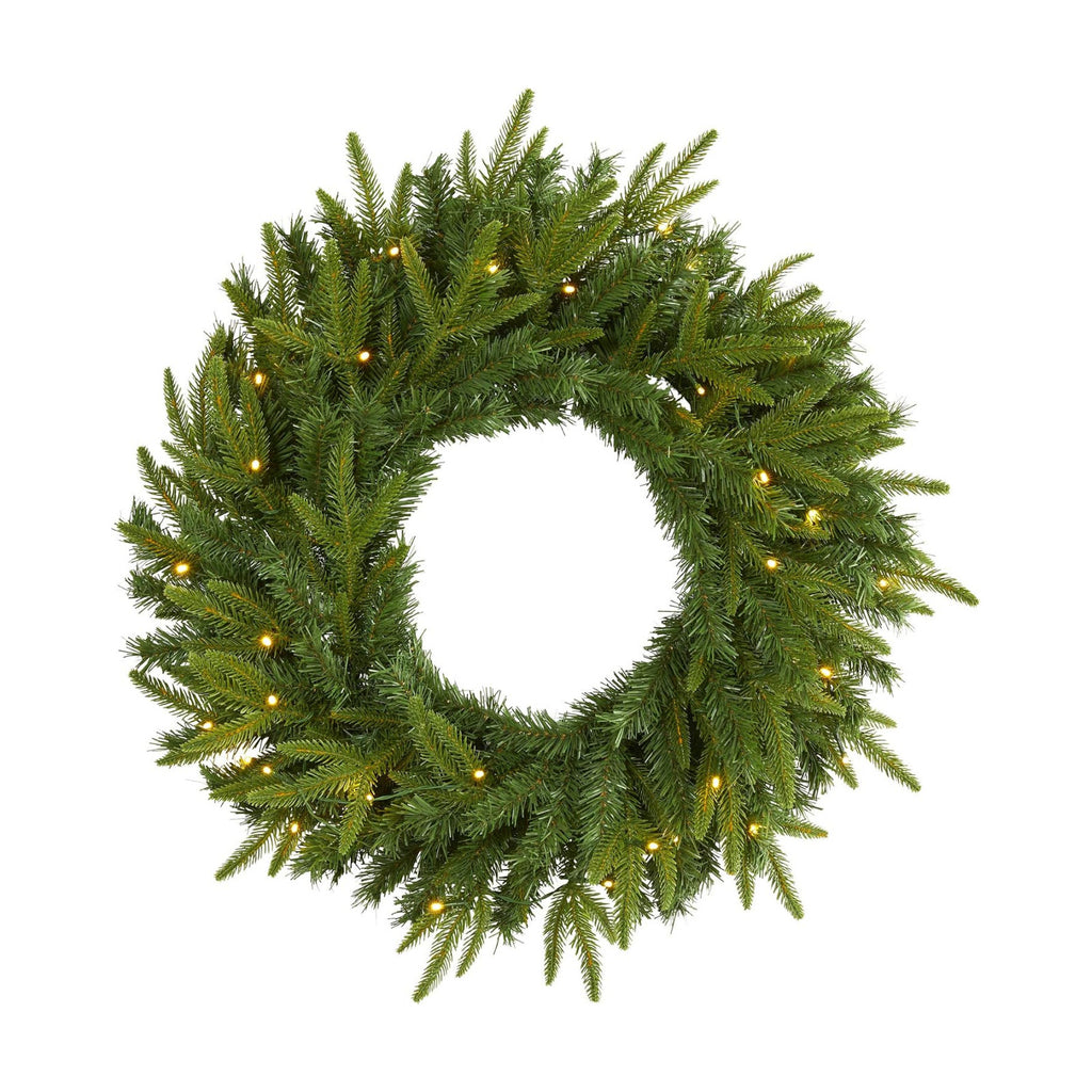 Nearly Natural 24 in Artificial Long Pine Wreath with 35 Clear LED Lights