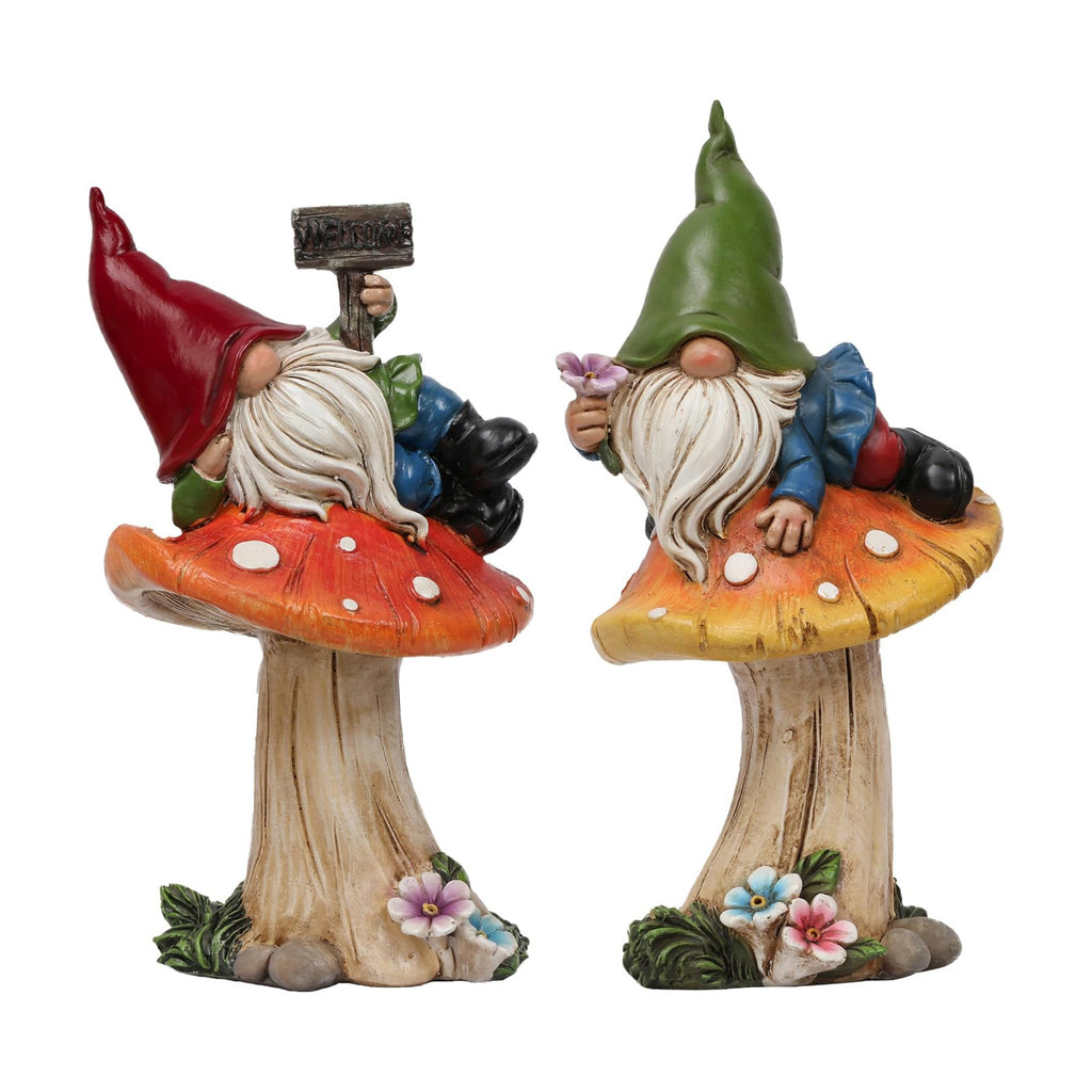 TERESA'S COLLECTIONS Resin Statues for Yard, Set of 2 Cute Garden Gnomes on Mushroom Statues for Outdoor Patio Porch