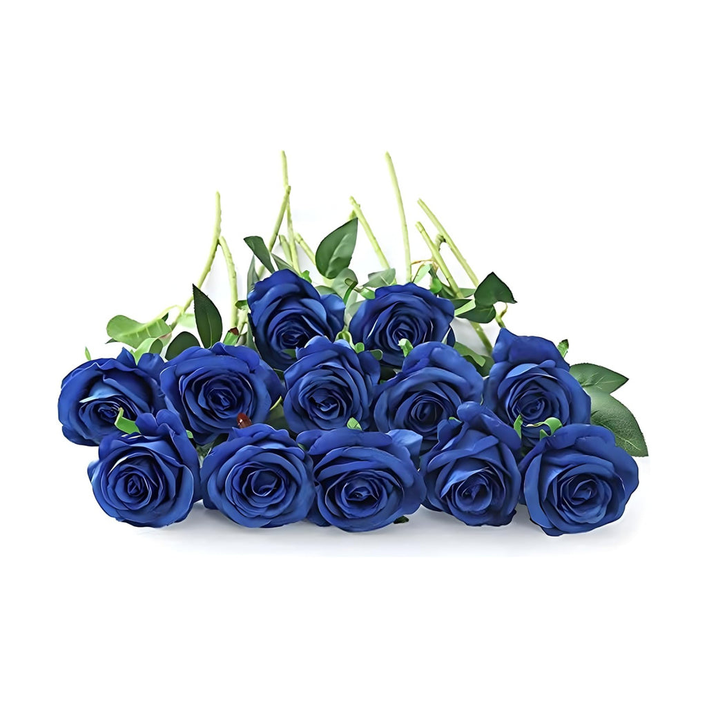 Laelfe 12 pcs Artificial Blue Roses Flowers Long Stem Fake Silk Rose for Home Wendding Decorations (Blue)