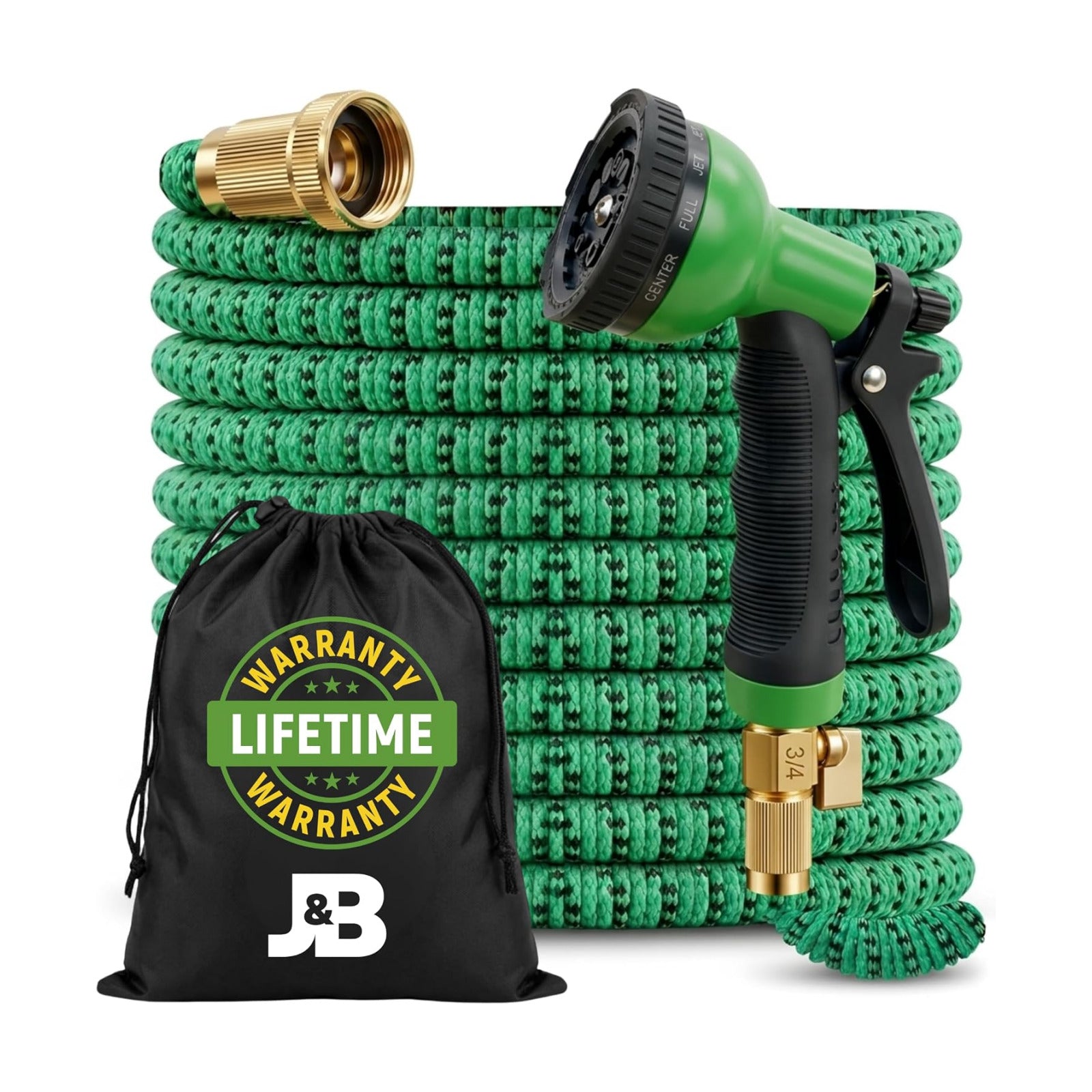 J&B XpandaHose 100ft Expandable Garden Hose, Lightweight, Brass Connectors | Ultra Strong 3750D fabric, 4-layer latex