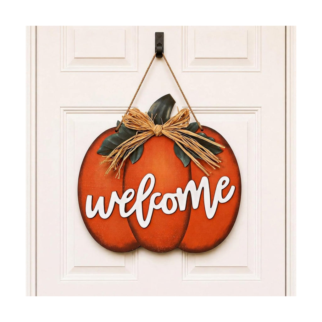 Jetec Fall Door Decor, Wooden Fall Pumpkin Welcome Sign Hanger, Orange