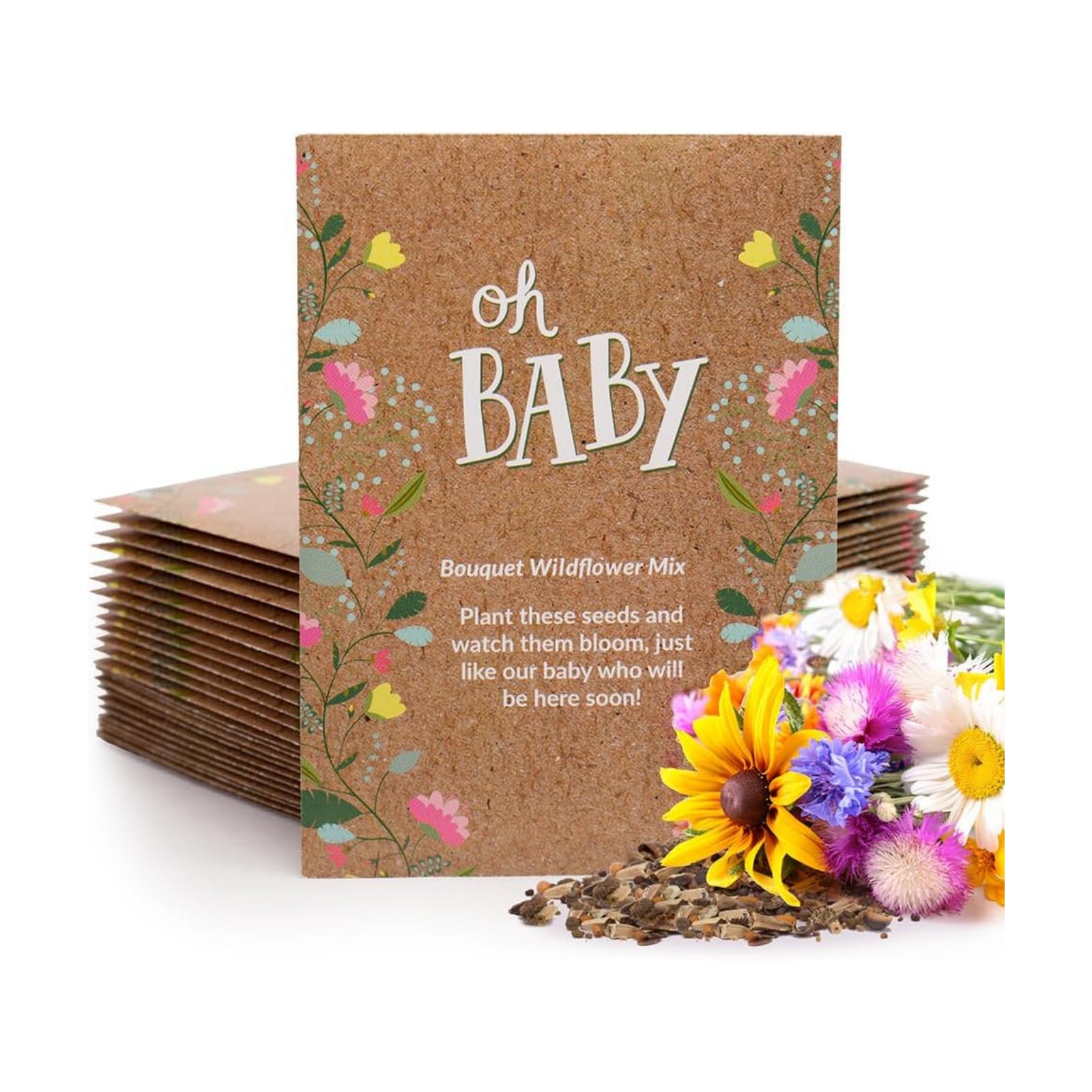 Oh Baby Flower Seeds Packets - Girl/Boy Baby Shower Favors - Pre-Filled, 25 Wildflower Seed Packs for Favor