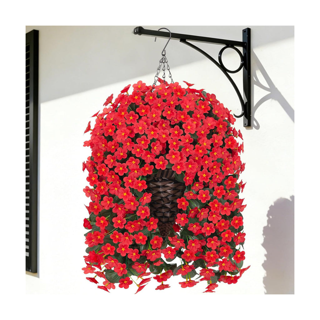 Artificial Hanging Flowers with Baskets for Decor, Fake Silk Red Hanging Daisy Orchid Flowers Plants, Faux Flower Centerpieces for Home Indoor Outdoor Garden Patio