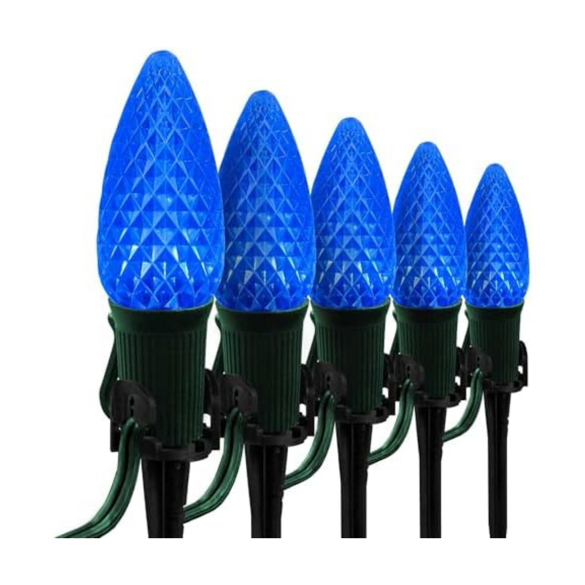 Wintergreen Lighting 25’ OptiCore LED Blue Pathway Christmas Lights, C9 Landscape Lights, 4.5” Stakes, Green Wire Plug String Lights