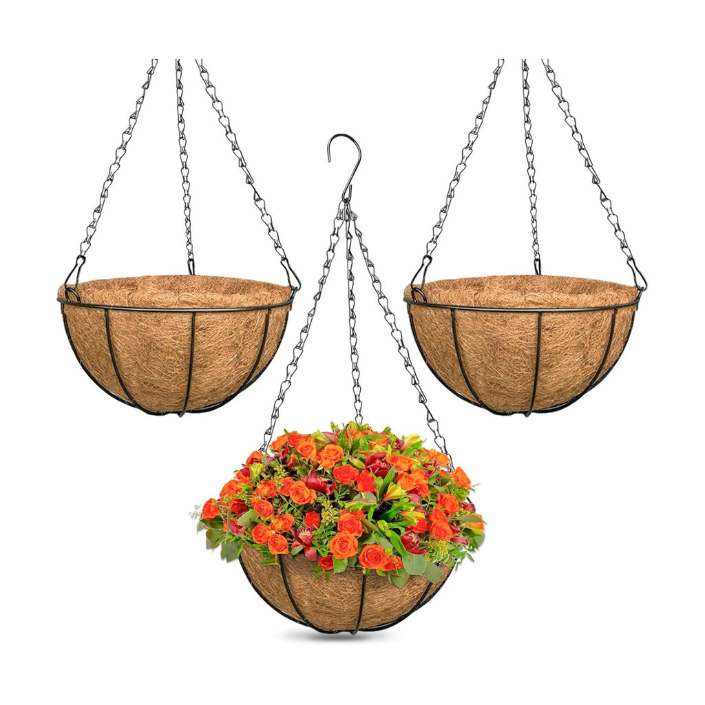 3 Pack 12 Inch Outdoor Hanging Baskets, Metal Wire Hanging Planters with Coconut Liners, Round Hanging Baskets for