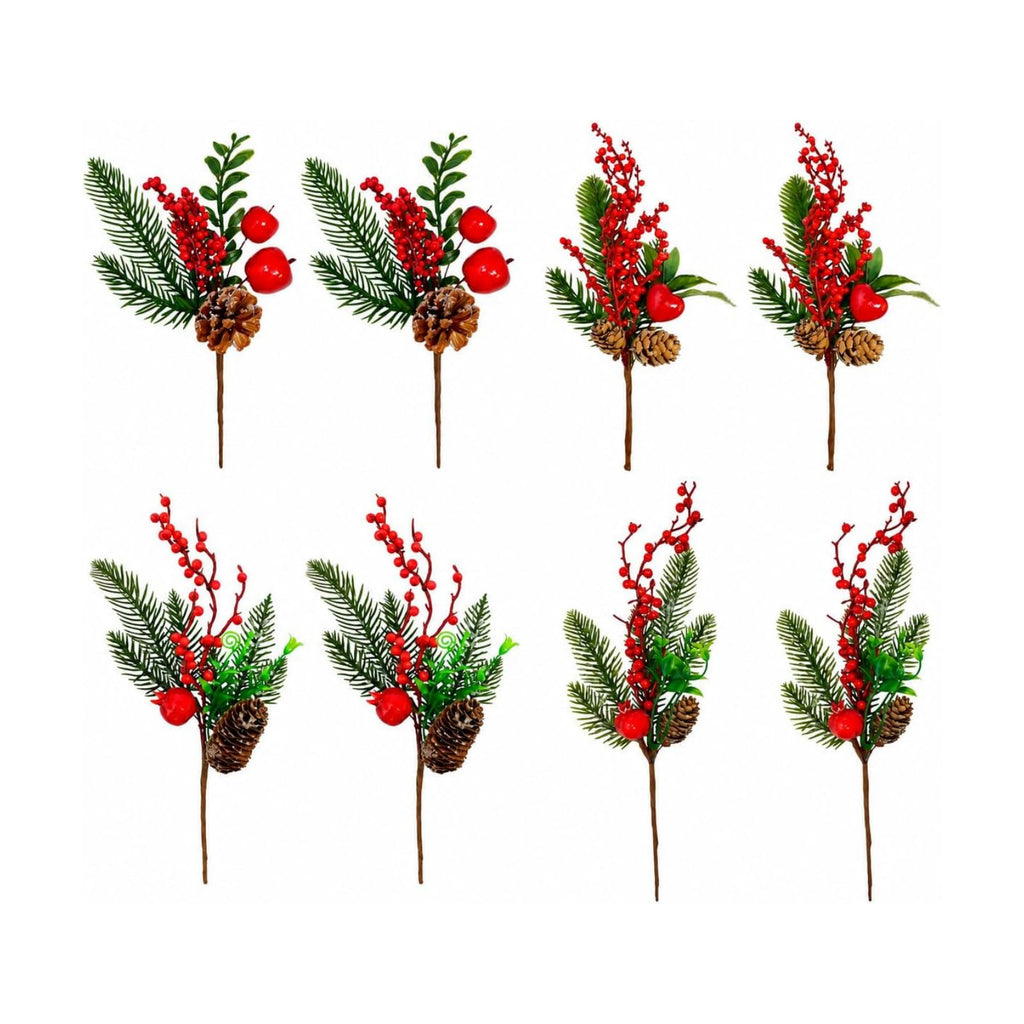 Christmas Floral Picks Set of 8, Snow Flocked Pine Cone Stems for Christmas Tree, Wreaths, Garlands & Holiday Centerpieces, 2 Styles, 4 Each, Pine Berry Floral Sprays for DIY Christmas Crafts, 9.5"