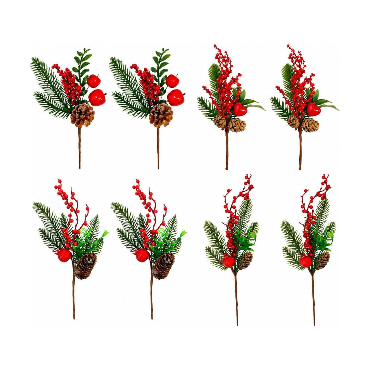 Christmas Floral Picks Set of 8, Snow Flocked Pine Cone Stems for Christmas Tree, Wreaths, Garlands & Holiday Centerpieces, 2 Styles, 4 Each, Pine Berry Floral Sprays for DIY Christmas Crafts, 9.5"