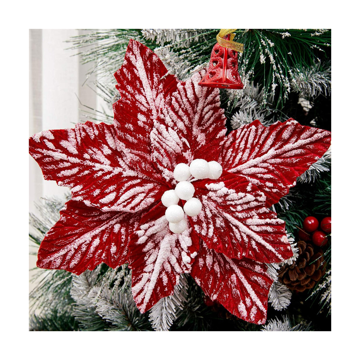 10 PCS Snow Poinsettia Stems, Large 10.6" Christmas Flowers, Red/White