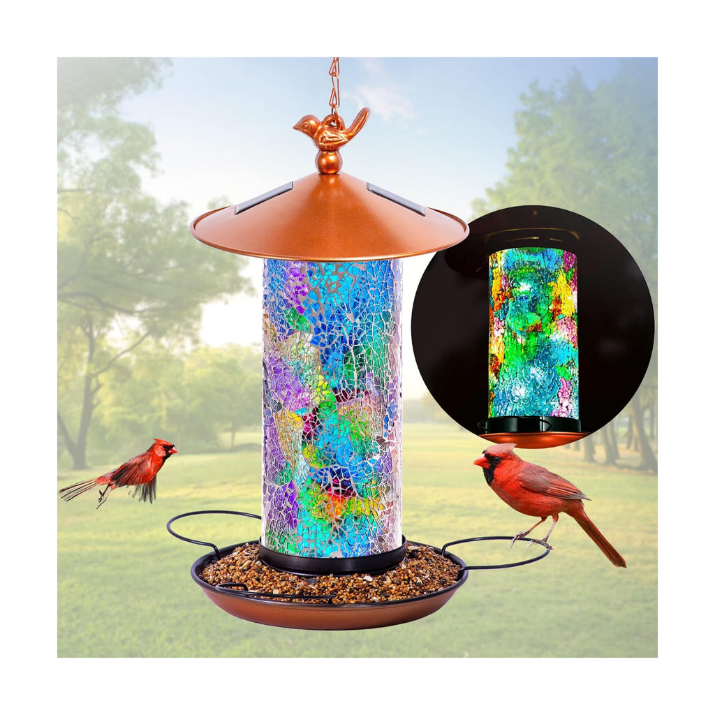 XDW-GIFTS Mosaic Solar Bird Feeder, Waterproof Lantern Shape with Hook & 4 LED Lights, Garden Decor for Lawn, Patio, Balcony, Yard Ornament - Unique Gifts for Mom,Women,Grandma,Bird Lovers
