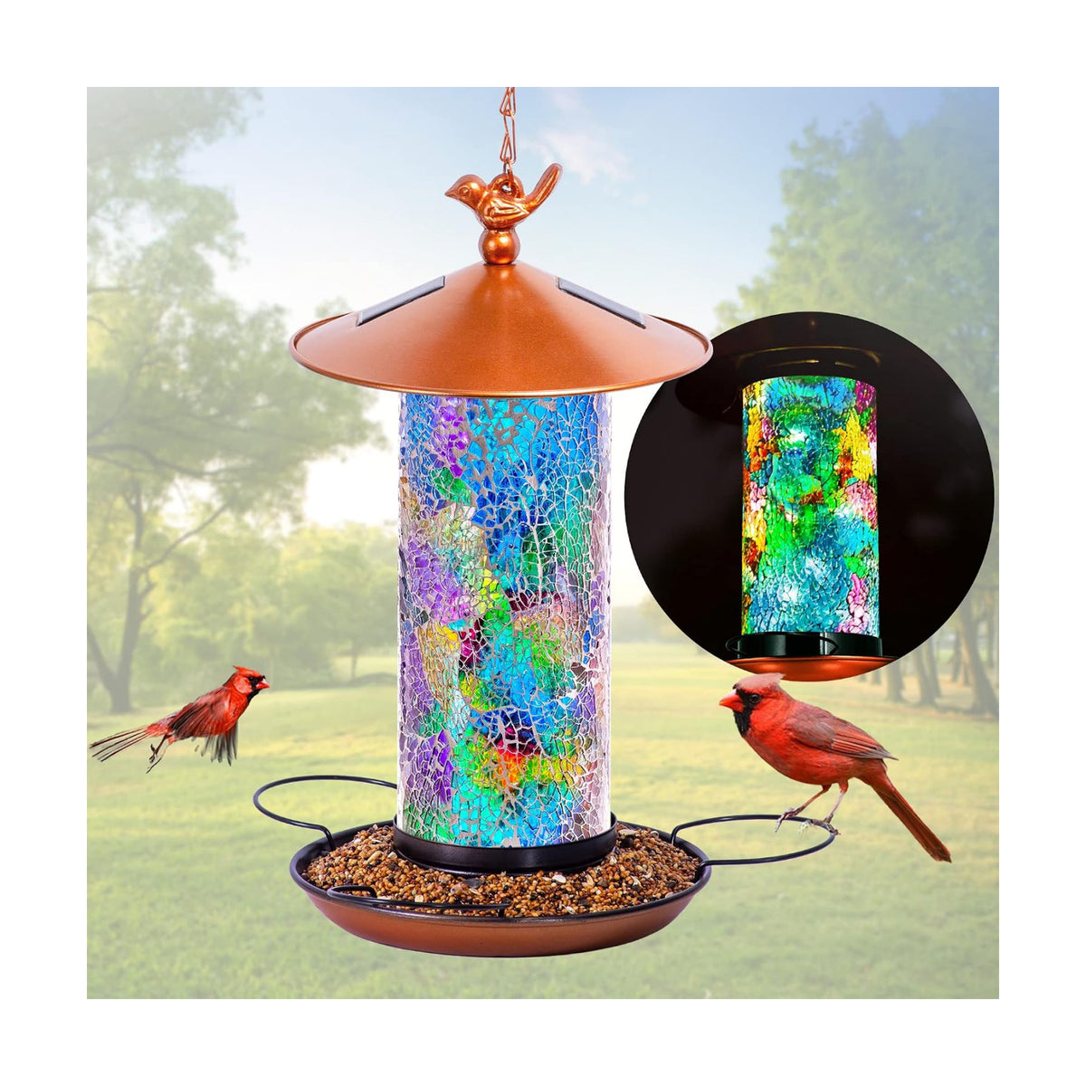 XDW-GIFTS Mosaic Solar Bird Feeder, Waterproof Lantern Shape with Hook & 4 LED Lights, Garden Decor for Lawn, Patio, Balcony, Yard Ornament - Unique Gifts for Mom,Women,Grandma,Bird Lovers