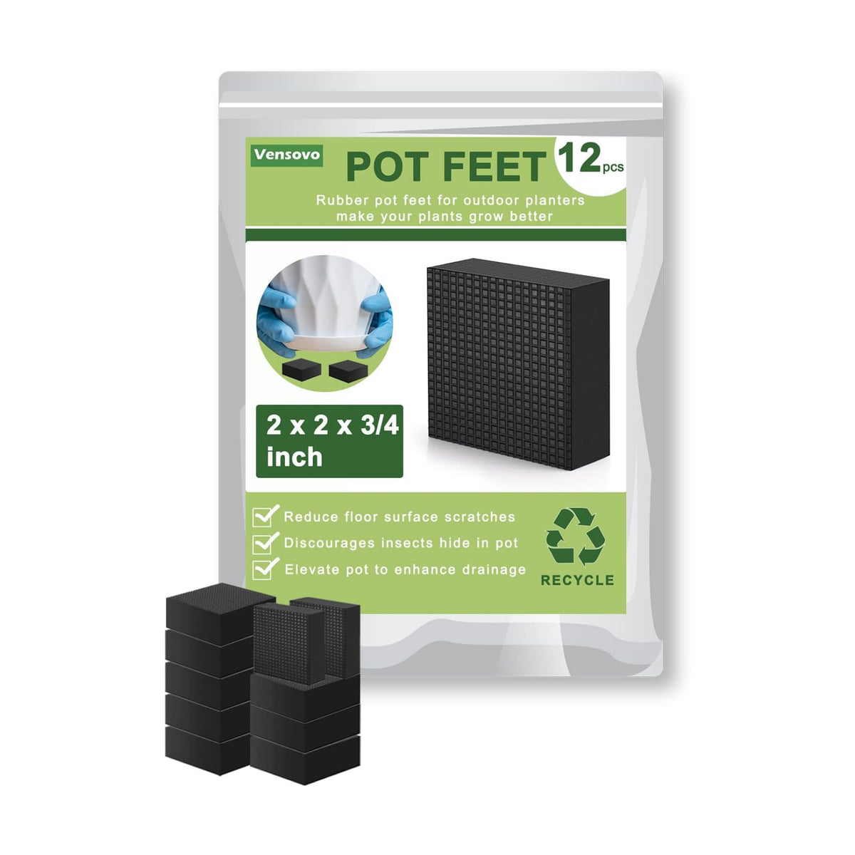 vensovo Invisible Rubber Pot Feet – Square Non-Slip Risers Elevate 3/4 Inch for Drainage & Airflow, 12 Pack Solid Pot Risers for Indoor & Outdoor Planters, Garden, Patio, Deck Use (2" Size)