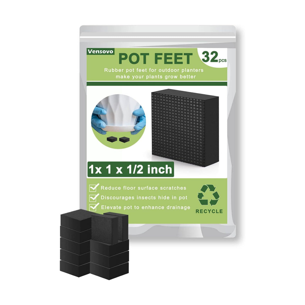 vensovo Planter, 1 Inch Plant Pot Feet for Outdoor Planters - 32 Pack, Rubber Pot Risers Elevate up 1/2 inch, Plant Stand for Medium and Small Pots