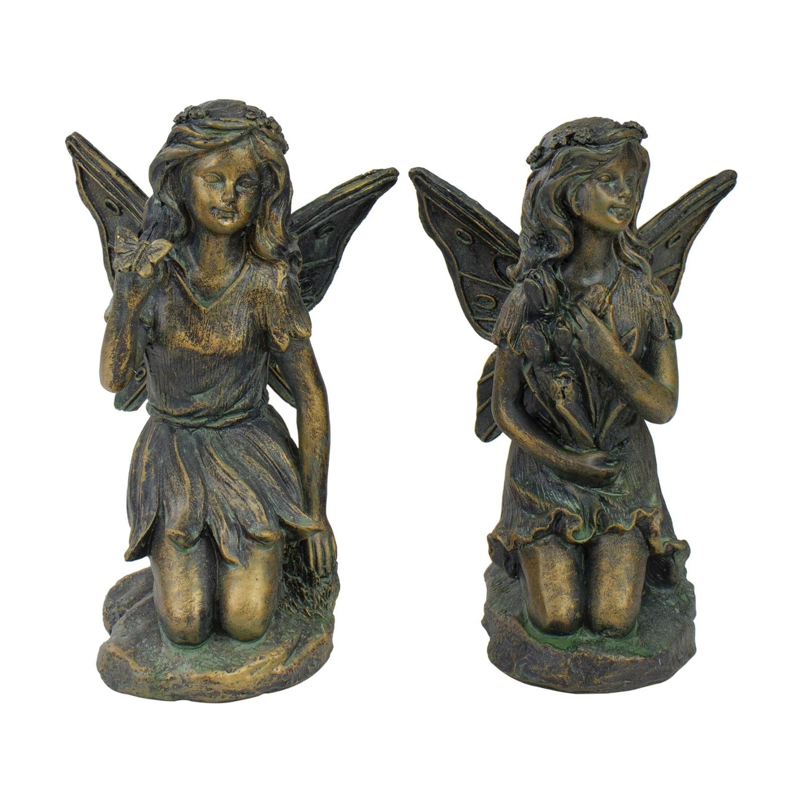 Northlight 2 Bronze Kneeling Fairies Flowers Butterfly Garden Statues 7"