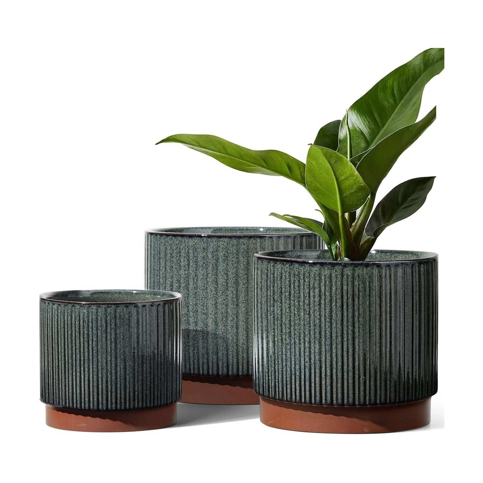 LE TAUCI Ceramic Plant Pots with Drainage Holes, Set of 3, 8+6.7+5.5 Inch Stripe Garden Planter Pots for Outdoor Indoor