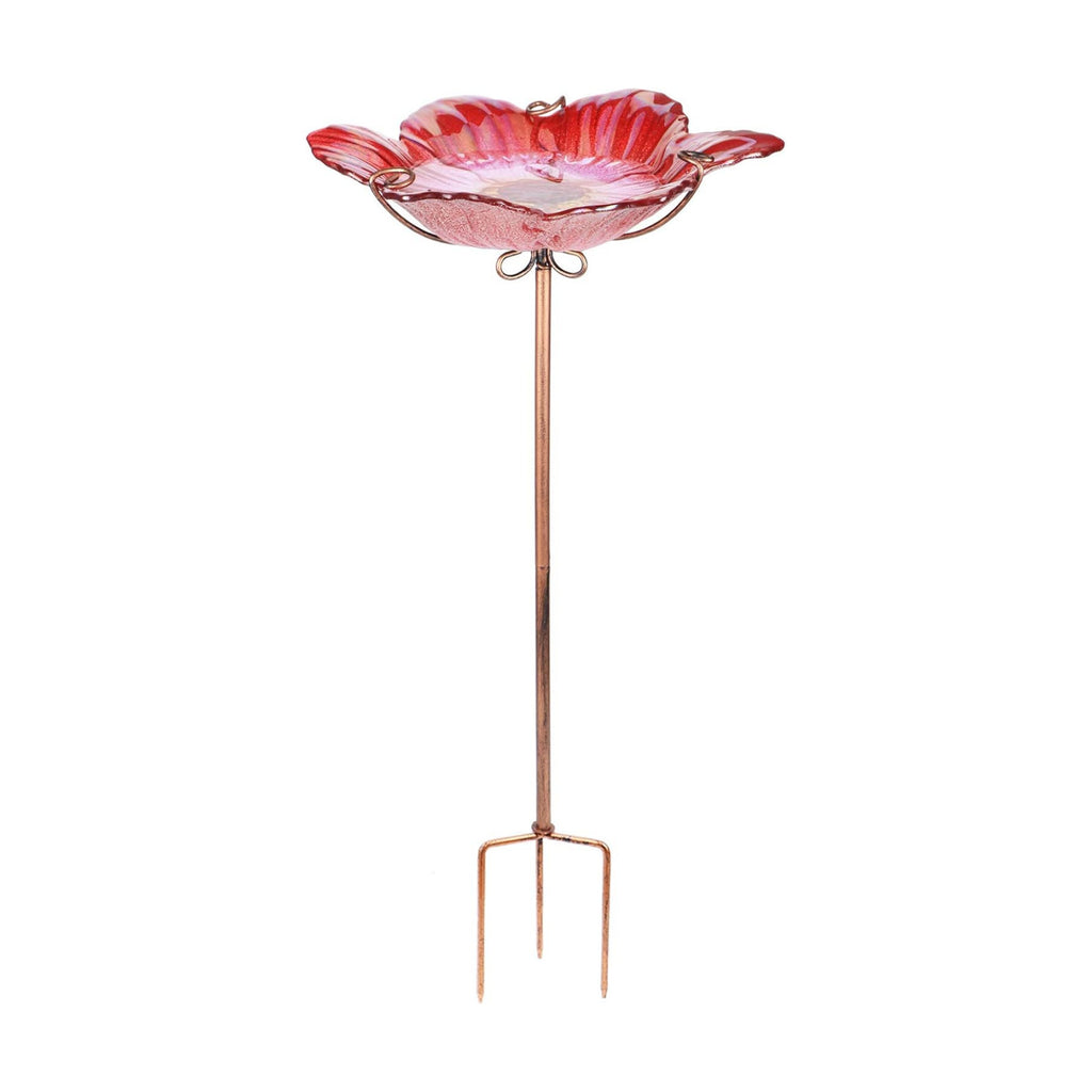 26" Glass Bird Bath, Outdoor Birdbath Bird Feeder Red Flower Metal Stake | Bird Bath for Outside with Stable Metal