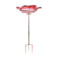 26" Glass Bird Bath, Outdoor Birdbath Bird Feeder Red Flower Metal Stake | Bird Bath for Outside with Stable Metal
